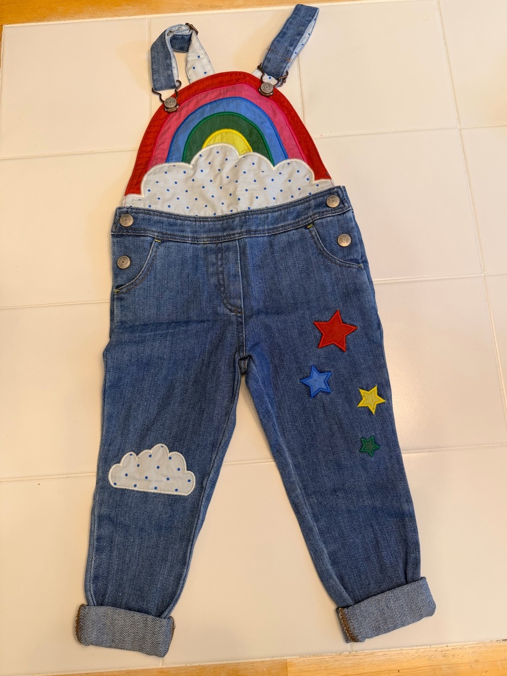 Mini Boden Rainbow Patch Denim Overalls - Blue with Red, Green, Yellow EUC
